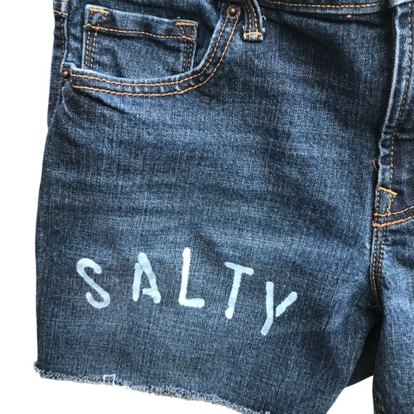 Upcycled Old Navy Cutoff Jean Shorts, Patchwork Painted Ocean, Size 8 Junior - Picture 5 of 10